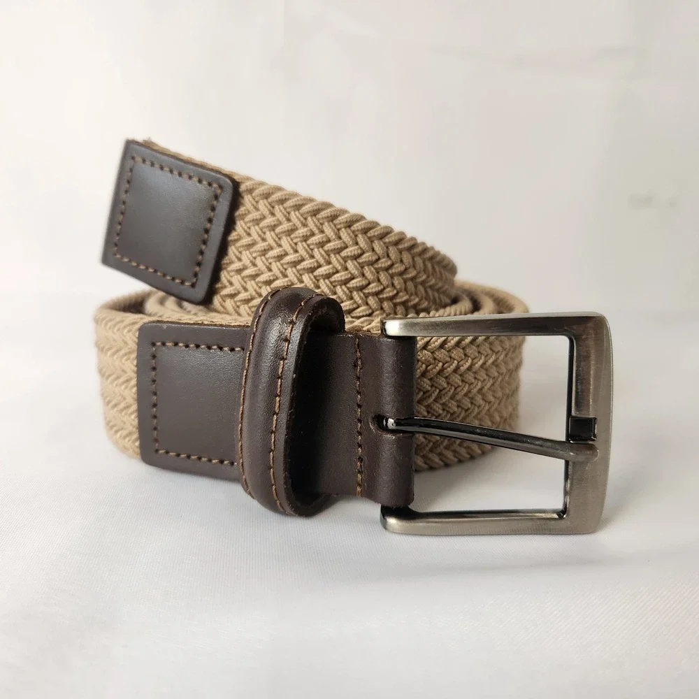 Tommy Bahama Mens Braided Stretch Belt 2XL 44/46 Khaki Woven & Brown Leather EUC